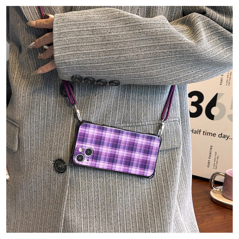 Purple Plaid Phone Case Crossbody Strap Set