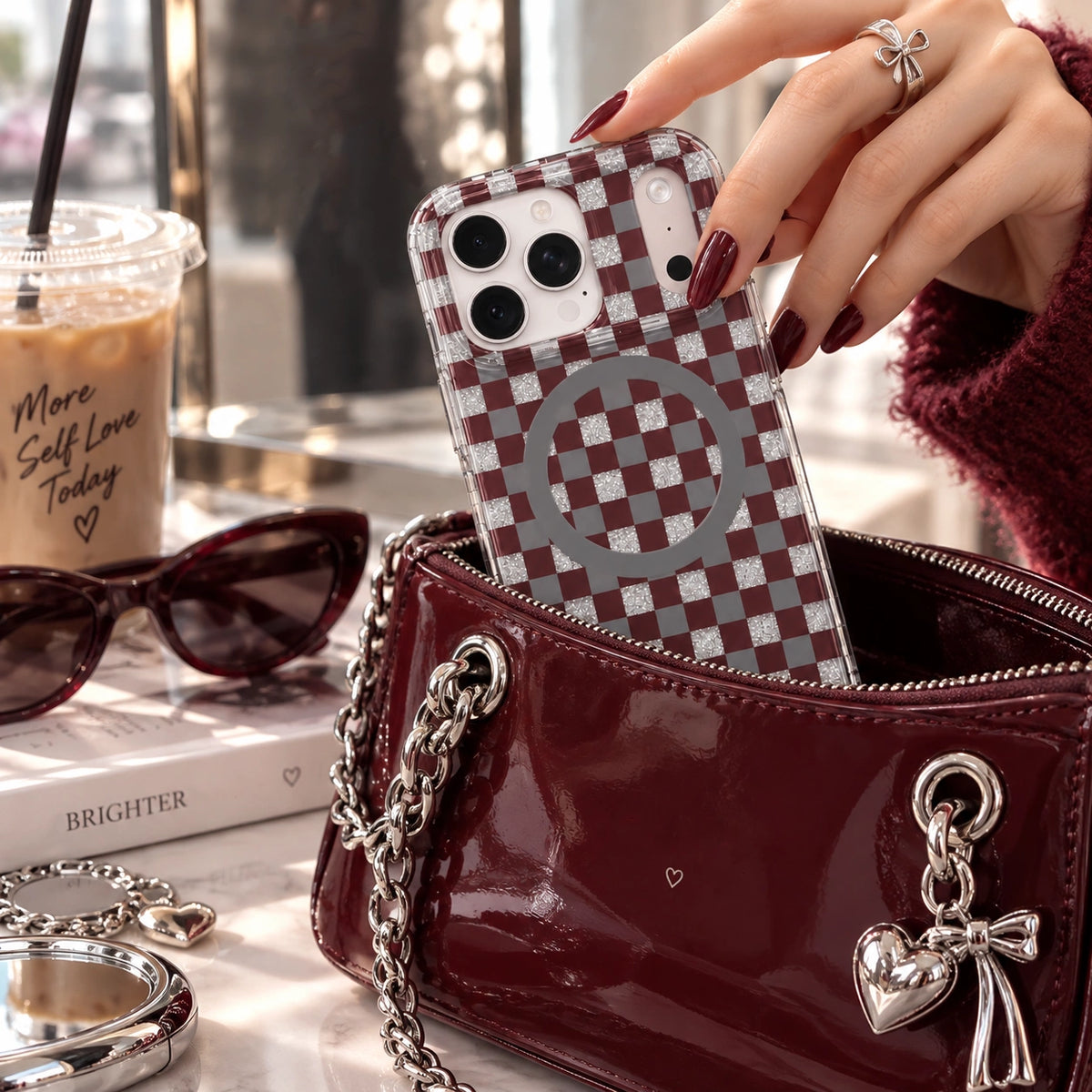 Glitter Chessboard MagSafe Phone Case-Burgundy