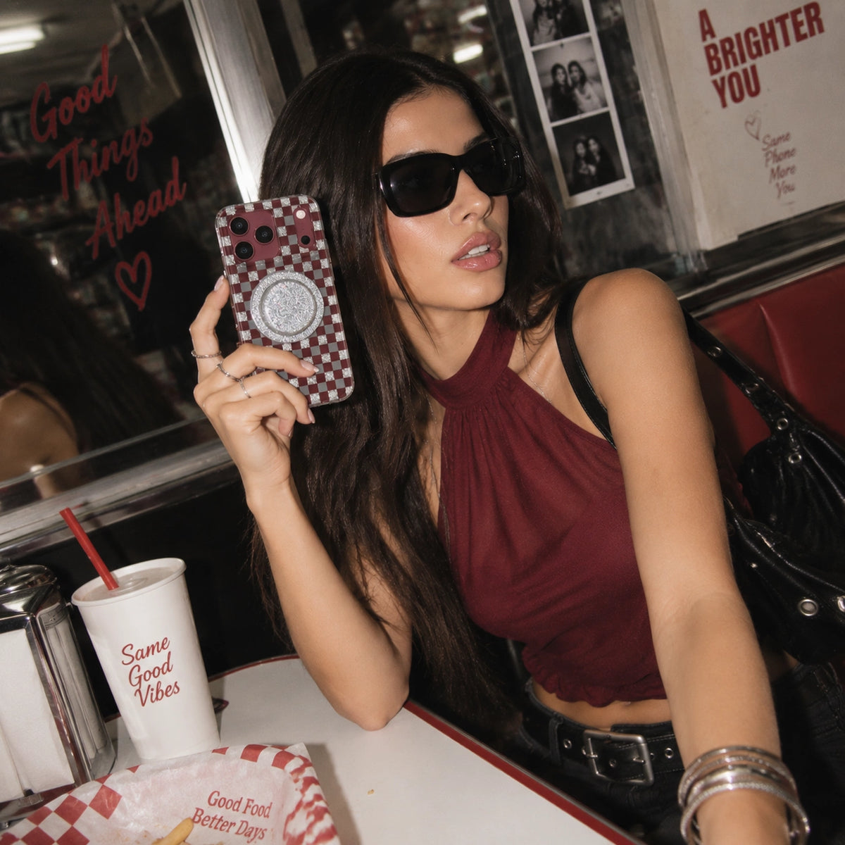 Glitter Chessboard MagSafe Phone Case Grip Set-Burgundy