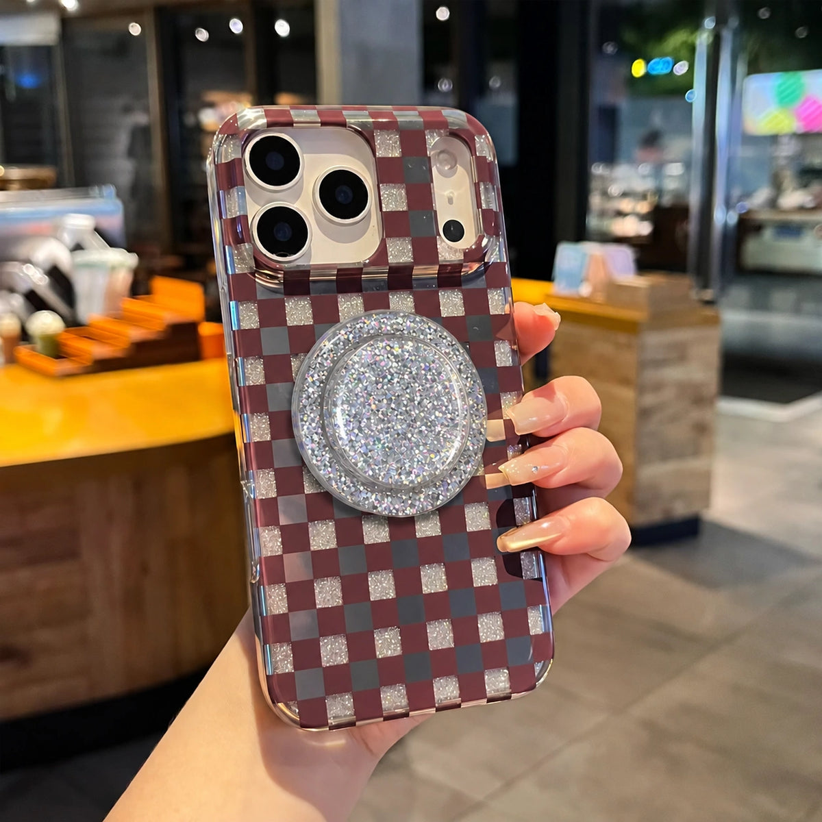 Glitter Chessboard MagSafe Phone Case Grip Set-Burgundy